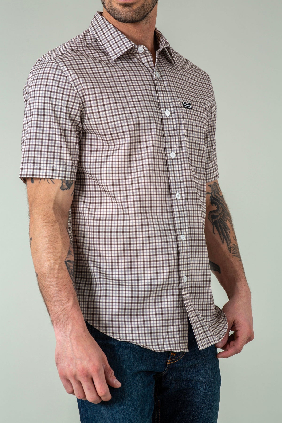 Kimes Ranch Tucco Mini Check Dress Shirt in Grey with short sleeves and a chest pocket