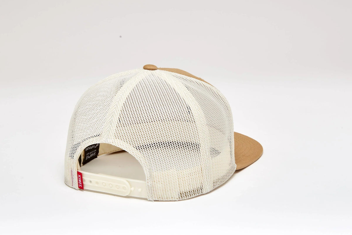 Kimes Ranch ATG Hat, back view, in white mesh with a tan brim and adjustable strap
