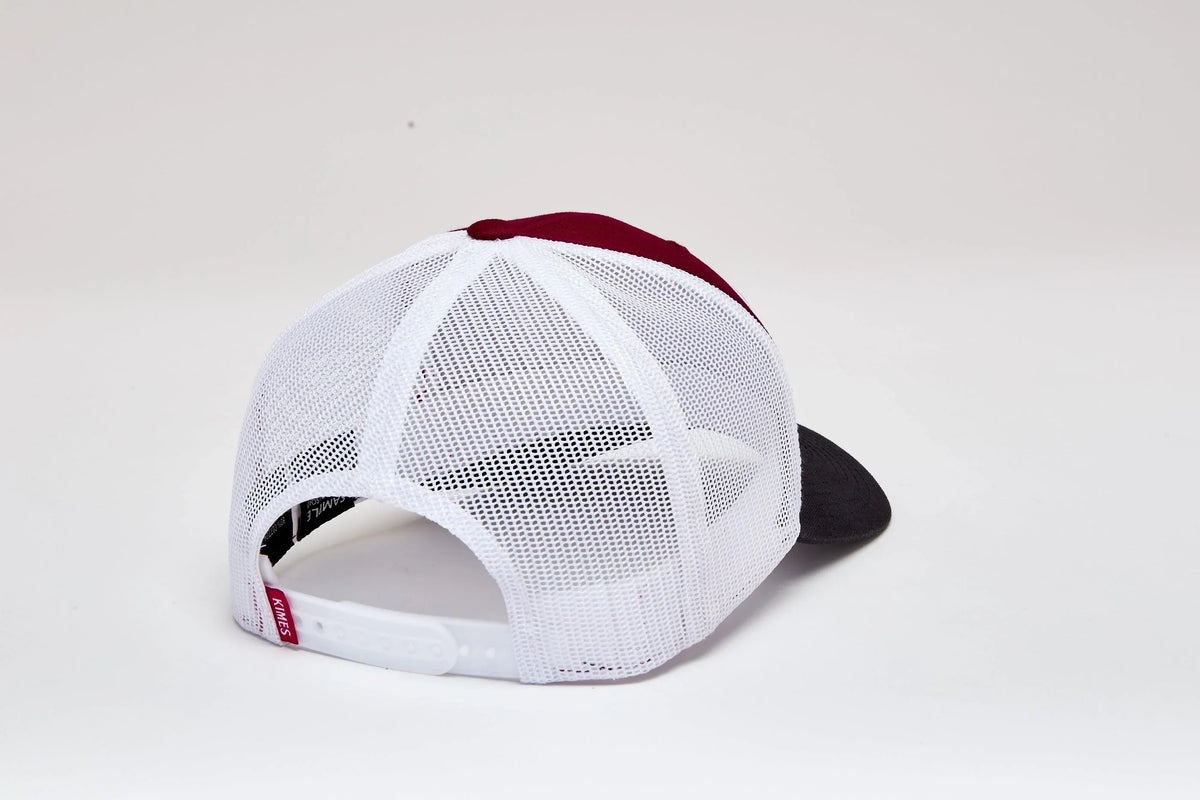 Kimes Ranch American Trucker Hat in Burgundy, back view, with white mesh back and black brim