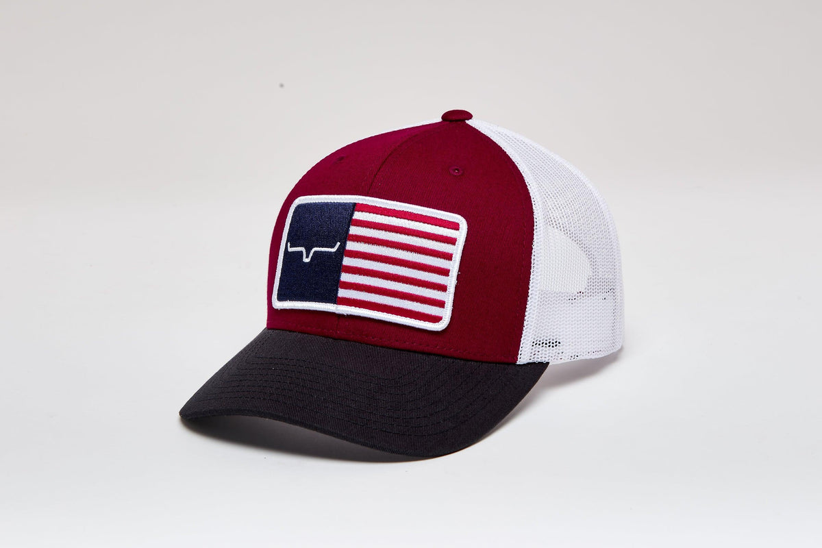Kimes Ranch American Trucker Hat in Burgundy with white mesh back and a Texas flag patch featuring the Kimes Ranch logo
