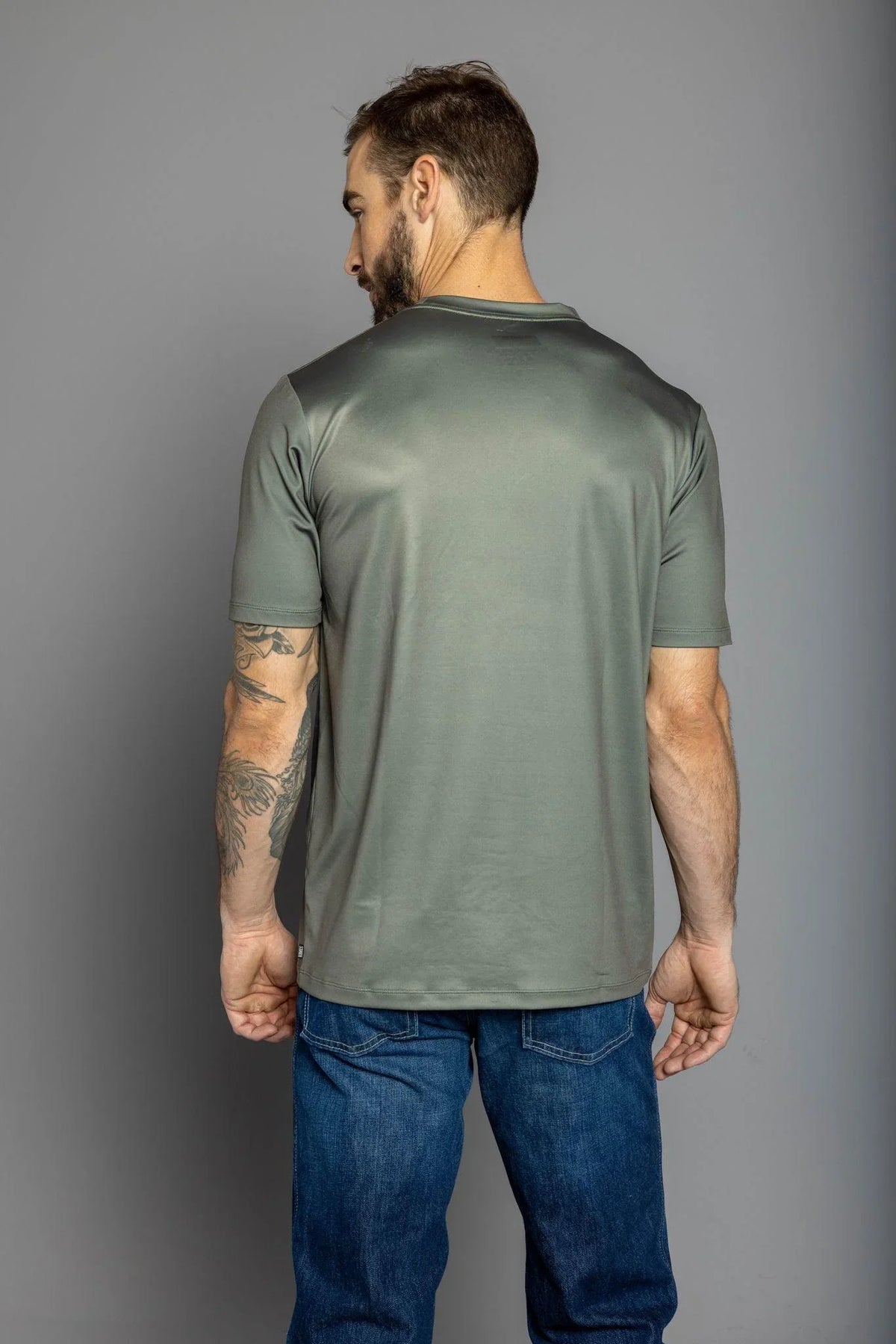 Kimes Ranch American Standard Tech T-Shirt in Sage, back view, with short sleeves and a crew neck