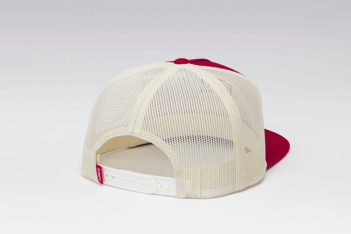 Kimes Ranch Cody Trucker, back view, hat with cream mesh back and red brim