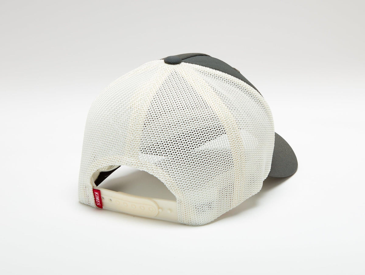 Kimes Ranch 110 Double Trac Trucker Hat, back view, with white mesh back and grey brim