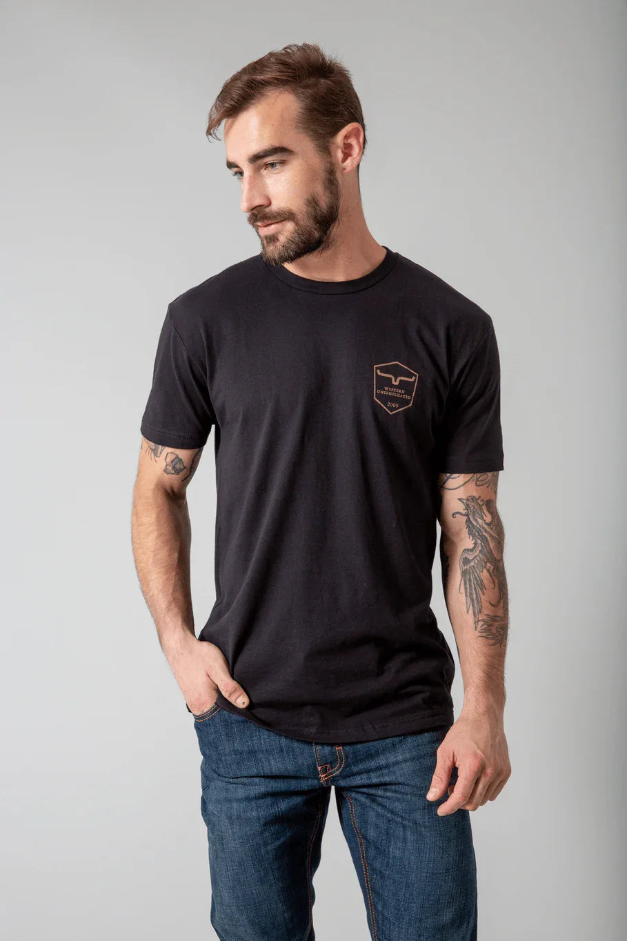 Kimes Ranch Shielded Trucker Shirt in black with a chest pocket featuring the Kimes Ranch logo