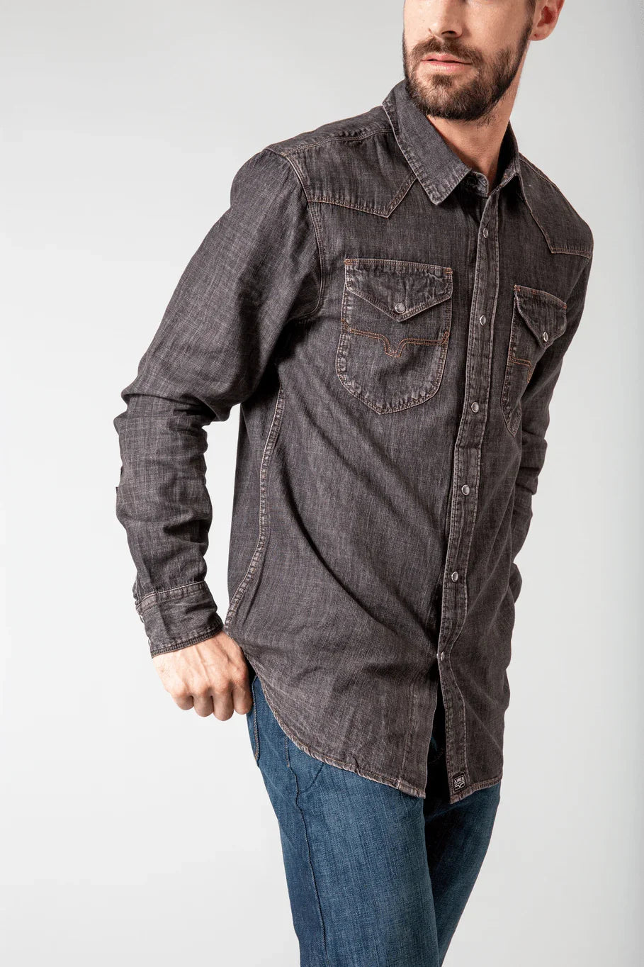 Kimes Ranch Grimes Dress Shirt, side view, in Black with western yoke and two chest pockets