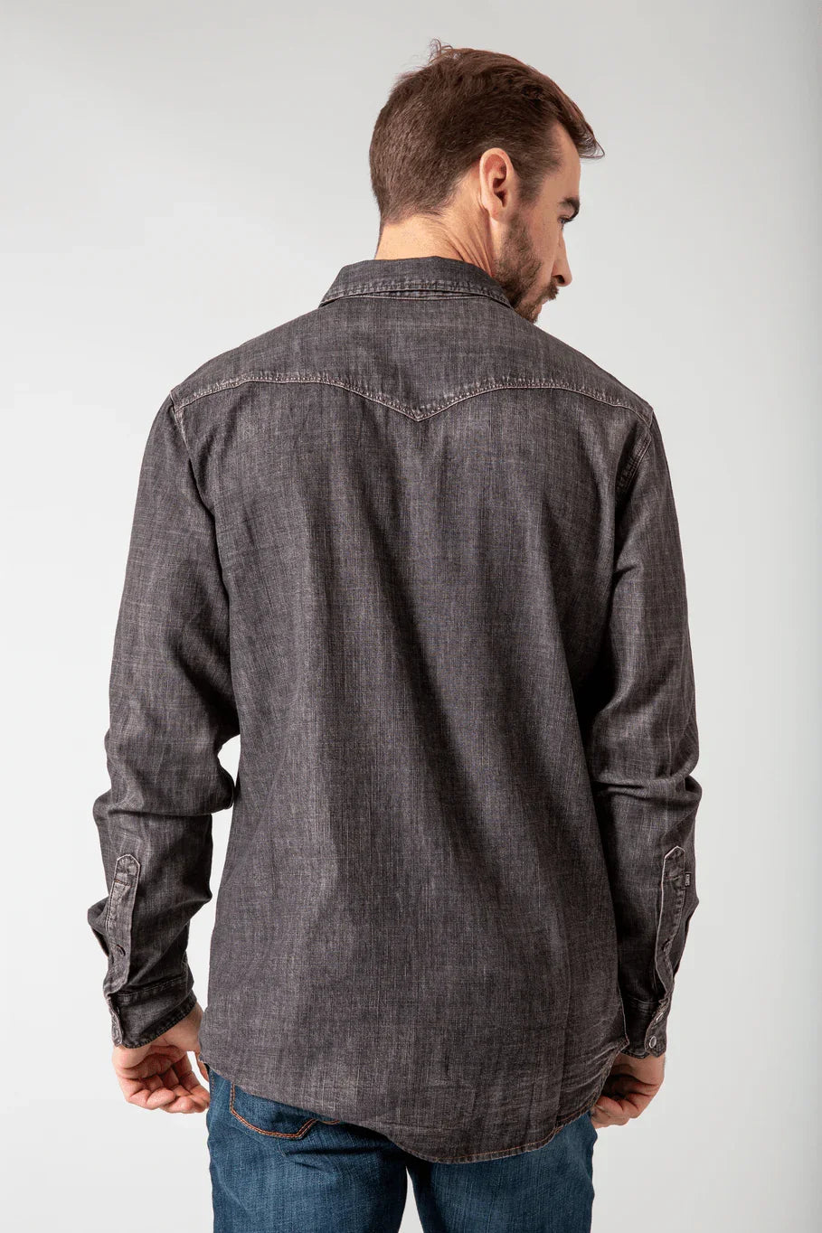 Kimes Ranch Grimes Dress Shirt, back view, in Black with a back yoke and button cuffs