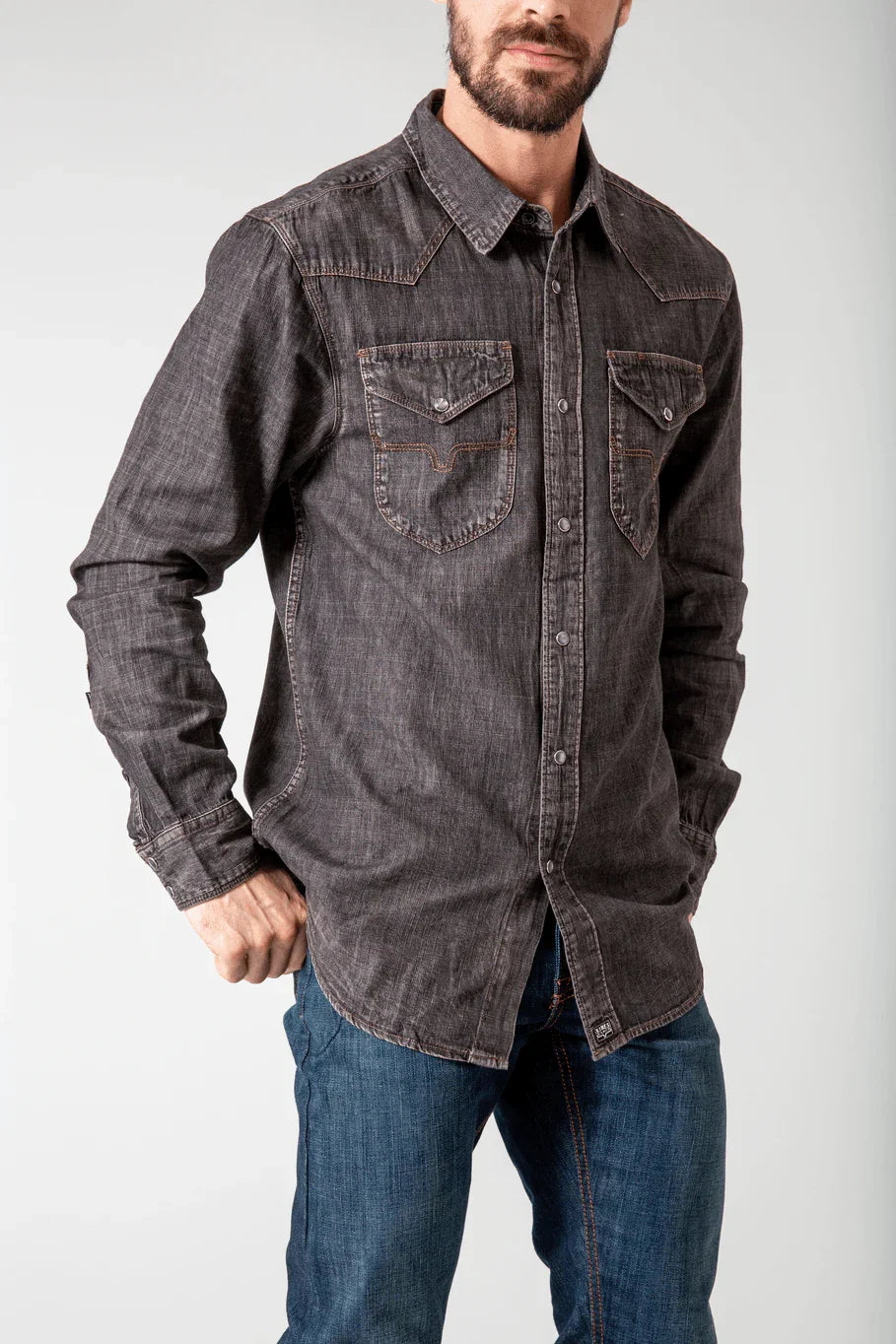 Kimes Ranch Grimes Dress Shirt in Black with chest pockets and contrast stitching