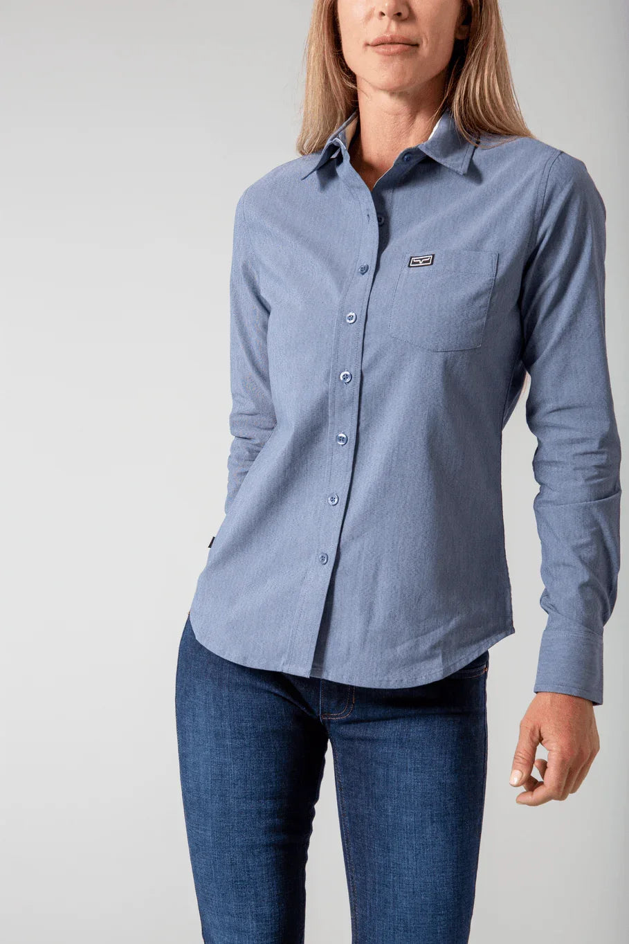 Kimes Ranch Ladies Linville top in Navy with a button front and chest pocket