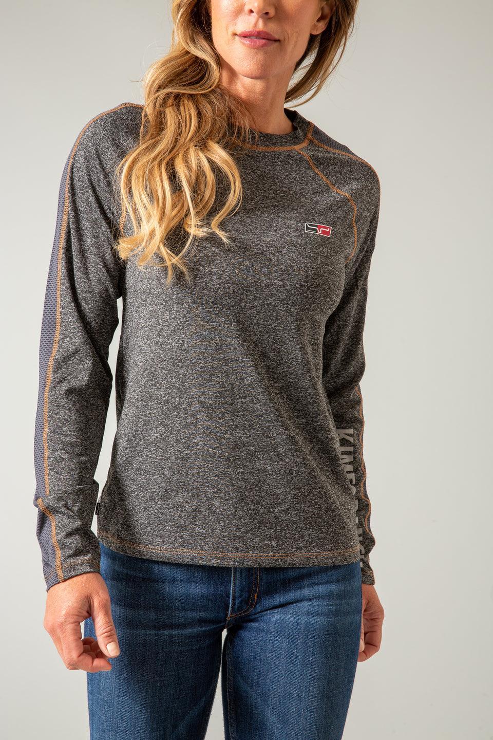 Kimes Ranch K1 Ls Tech Tee Shirt in Charcoal Heather with contrast stitching and a logo on the chest