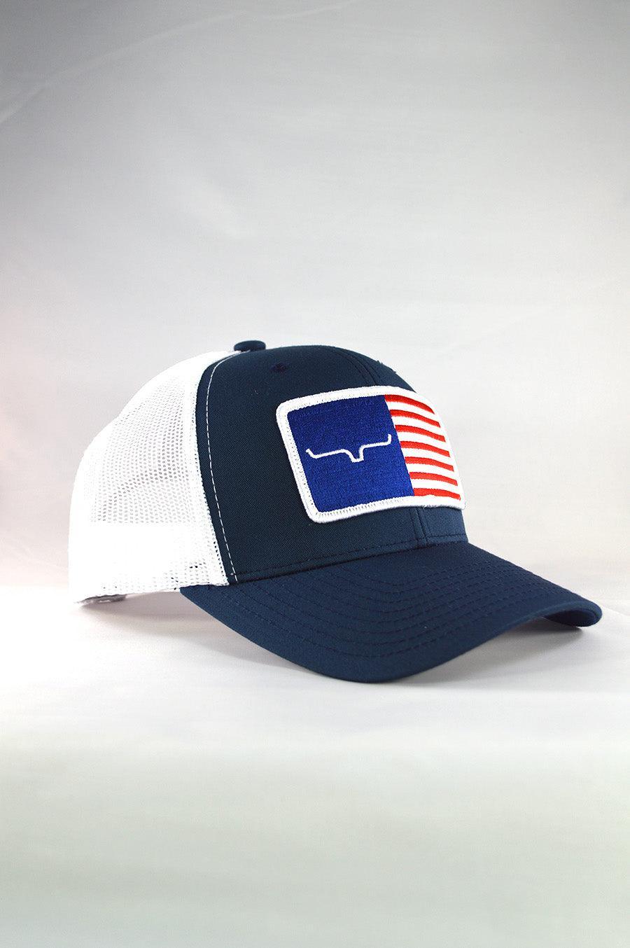 Kimes Ranch American Trucker Hat in Navy, side view, with white mesh back and embroidered Kimes Ranch logo patch