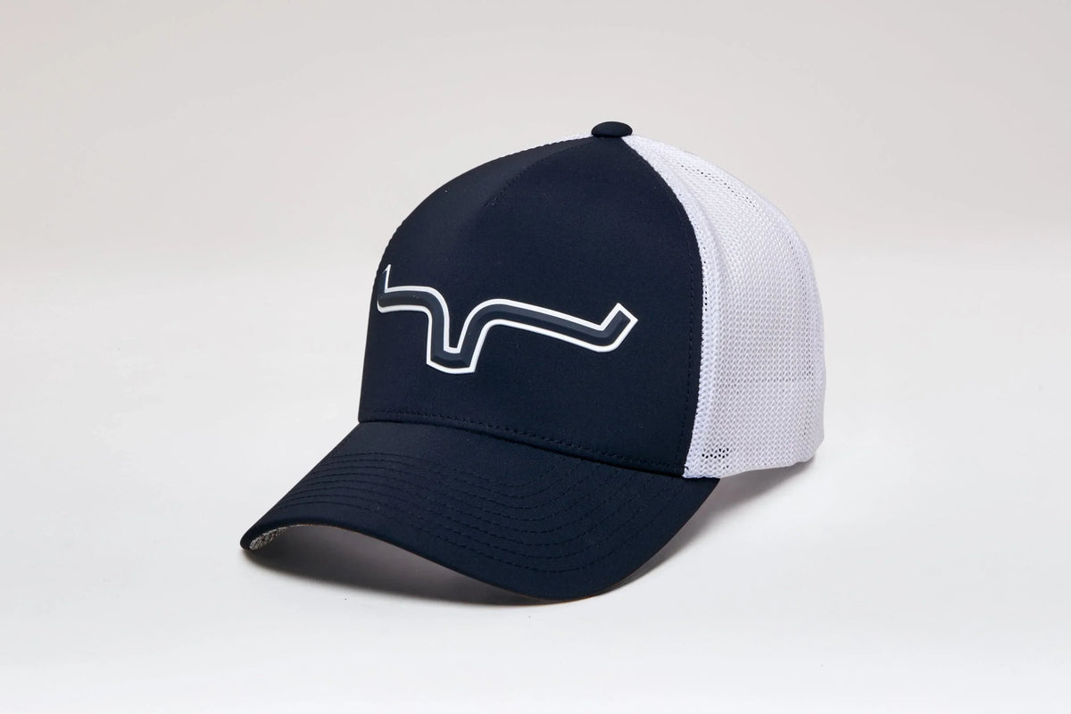 Kimes Ranch Reformer 110 Trucker Hat in Navy, side view, with white mesh back and embroidered logo