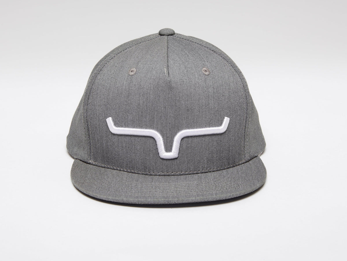 Kimes Ranch Weekly Tall Trucker hat in Grey Heather with a white embroidered Kimes Ranch logo on the front