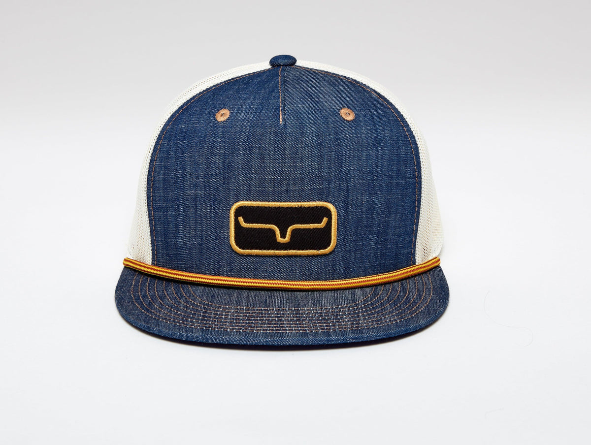 Kimes Ranch Workhard Trucker Hat with a front logo patch and contrast stitching