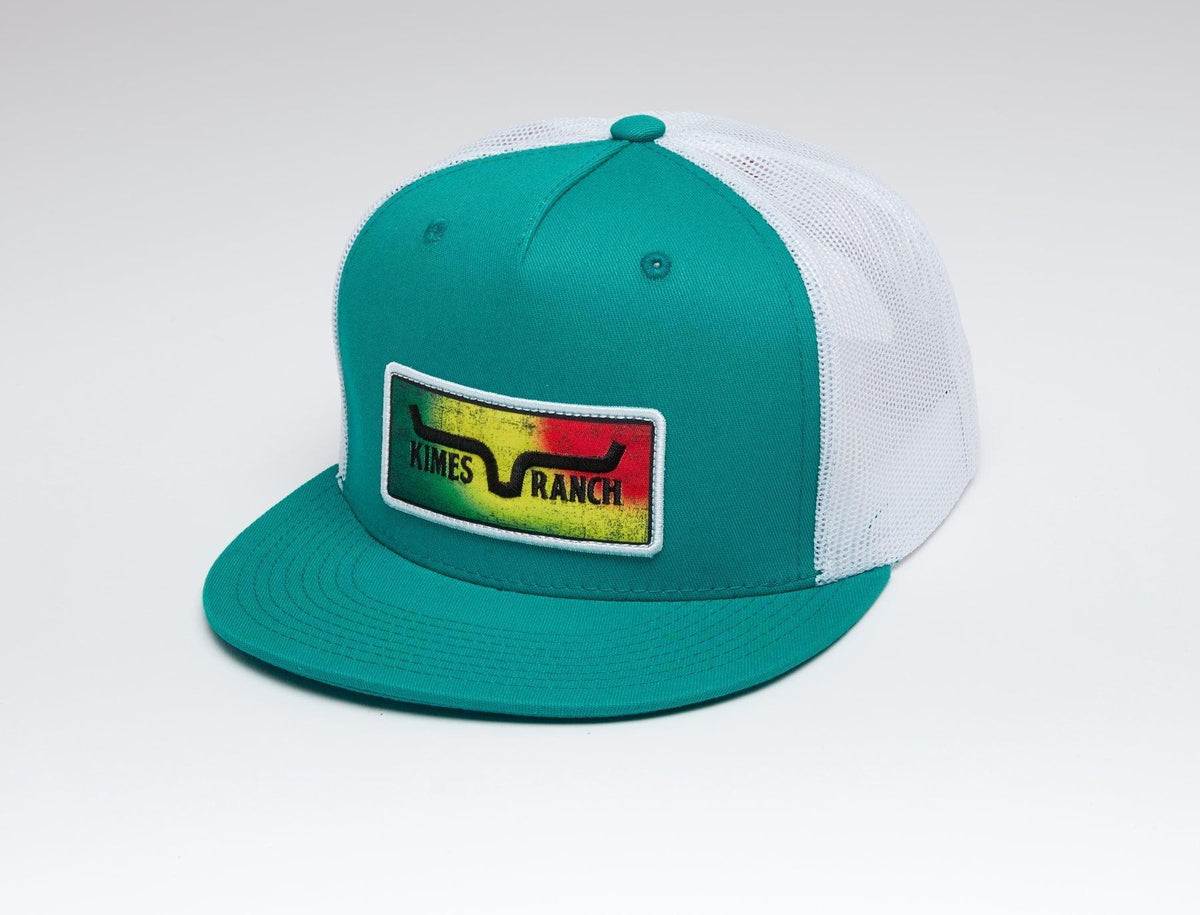 Kimes Ranch Blanket Trucker Hat in Teal, side view, with white mesh back and a Kimes Ranch logo patch