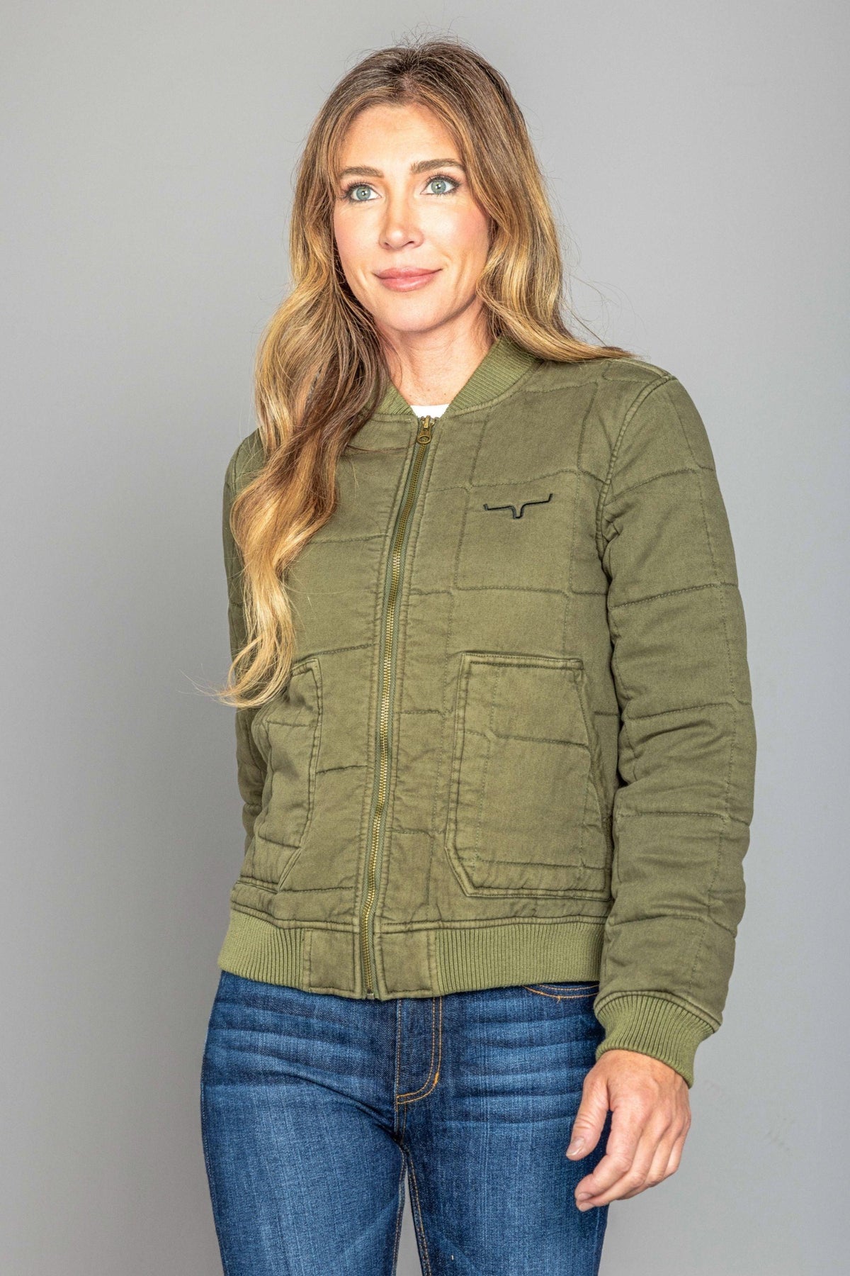 Kimes Ranch Bronc Bomber Jacket in Sage with a quilted design, front zip, and Kimes Ranch logo