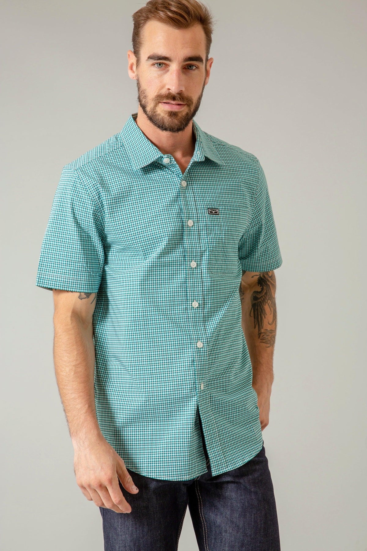 Kimes Ranch Chute Mini Check Dress Shirt in Teal with short sleeves and a chest pocket