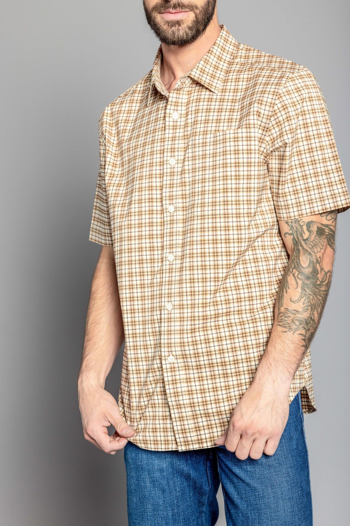 Kimes Ranch Chute Mini Check Dress Shirt in Work Wear Brown with short sleeves and a chest pocket
