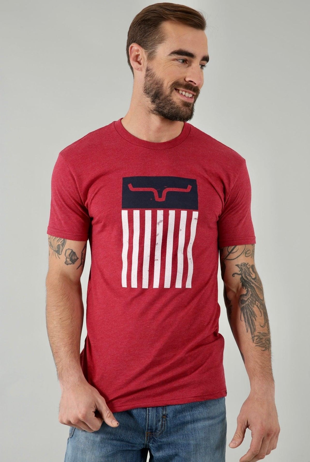Kimes Ranch Cody Tee Shirt in red with a navy and white flag graphic featuring the Kimes Ranch logo