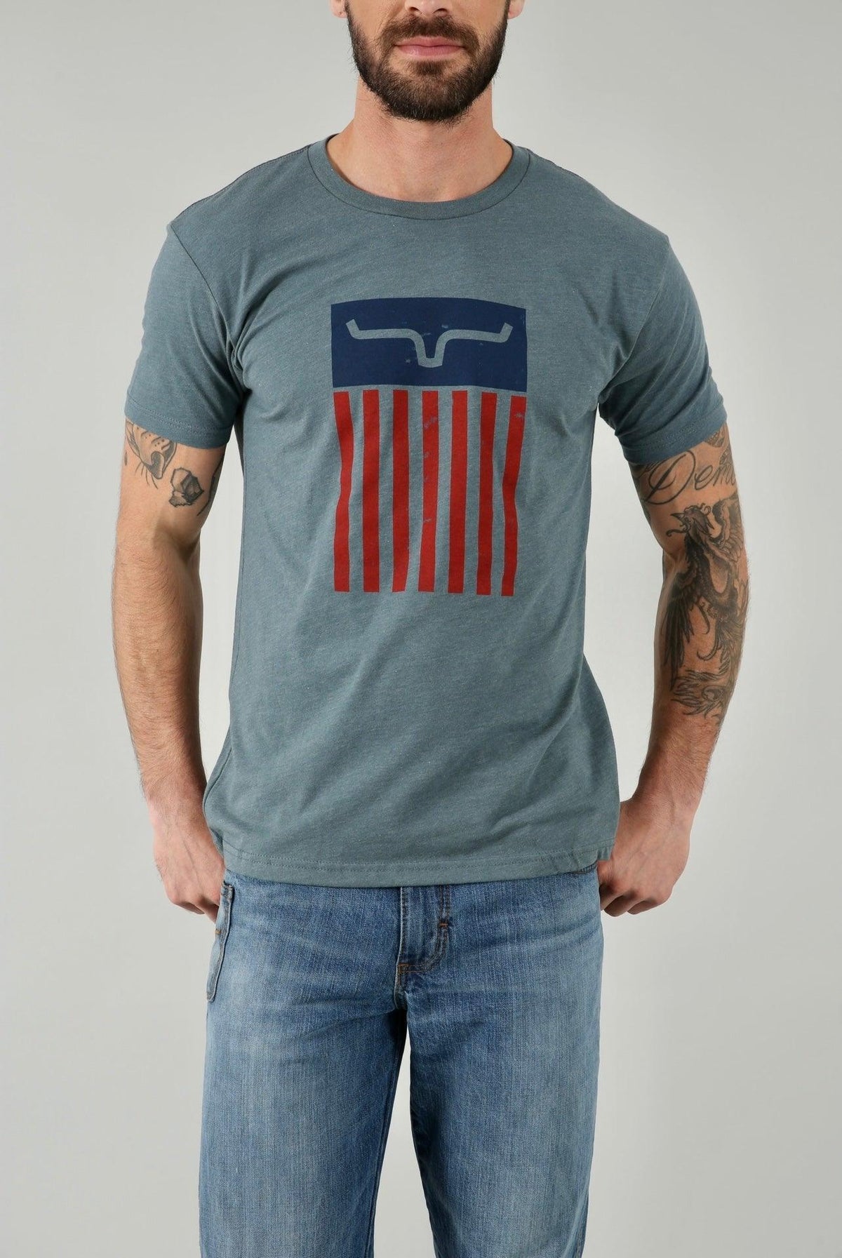 Kimes Ranch Cody Tee Shirt in Indigo with a graphic featuring the Kimes Ranch logo over red and blue stripes