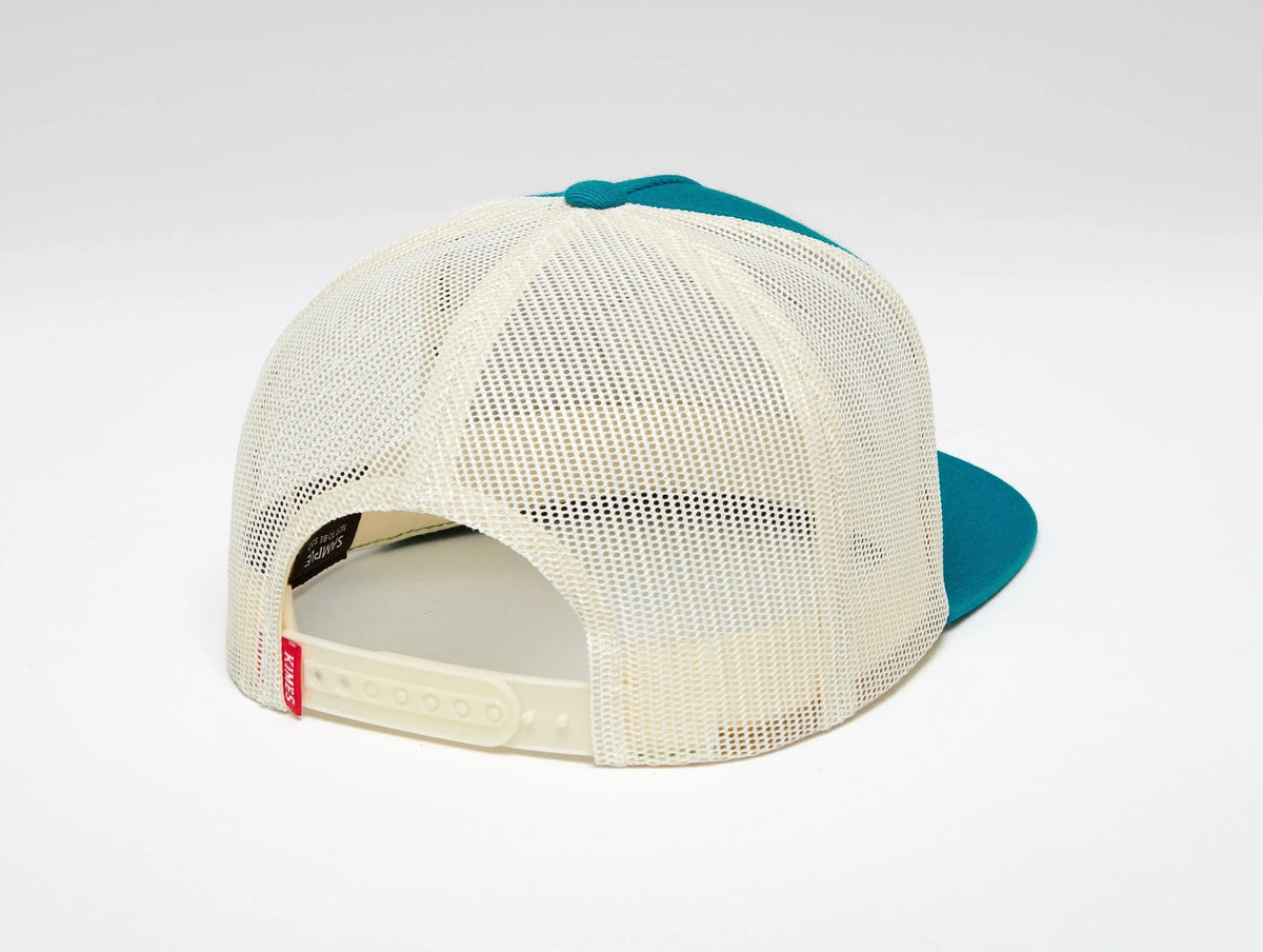 Kimes Ranch Conway Trucker Hat, back view, with cream mesh back and teal brim