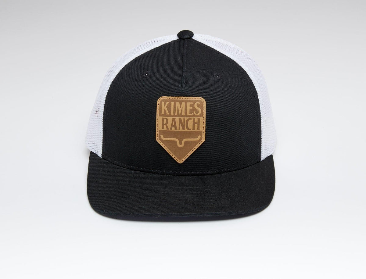 Kimes Ranch Drop In Trucker Hat in black with white mesh back and front Kimes Ranch logo patch