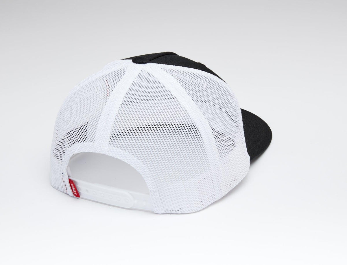 Kimes Ranch Drop In Trucker Hat, back view, with white mesh back and black front panels