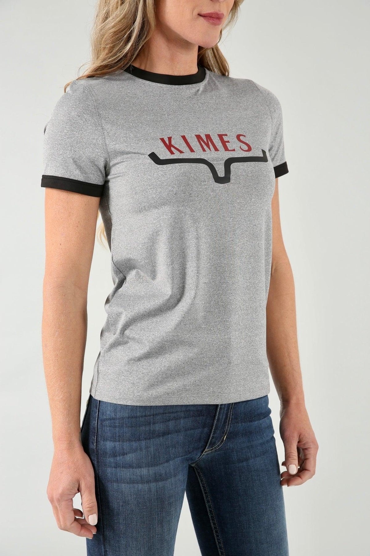 Kimes Ranch Fast Kimes Tech Tee in Grey Heather with black ringer trim and red KIMES logo with black longhorn graphic