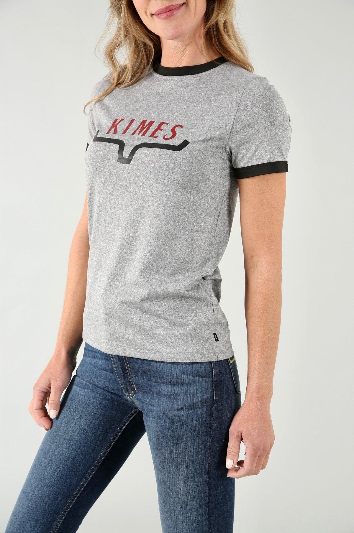 Kimes Ranch Fast Kimes Tech Tee in Grey Heather with red KIMES text and black ringer trim
