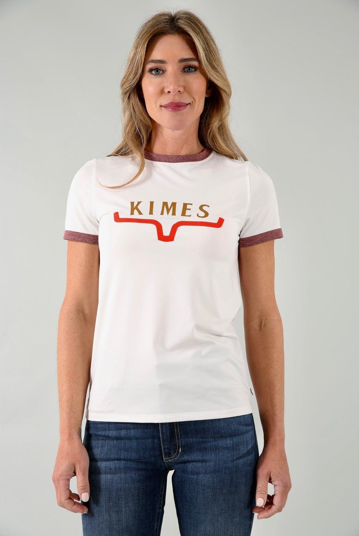 Kimes Ranch Fast Kimes Tech Tee in Natural with ringer collar and cuffs and a Kimes Ranch logo graphic