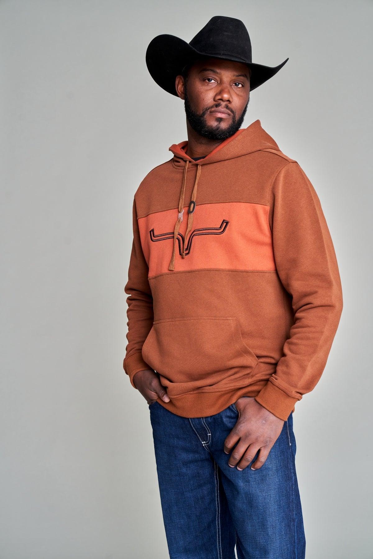 Kimes Ranch Fast Talker Hoodie in Brown with a front colorblock panel and embroidered Kimes Ranch logo