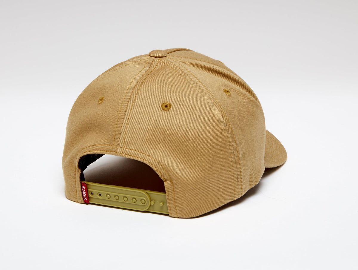 Kimes Ranch Fender Hat, back view, in tan with a structured crown and adjustable strap closure