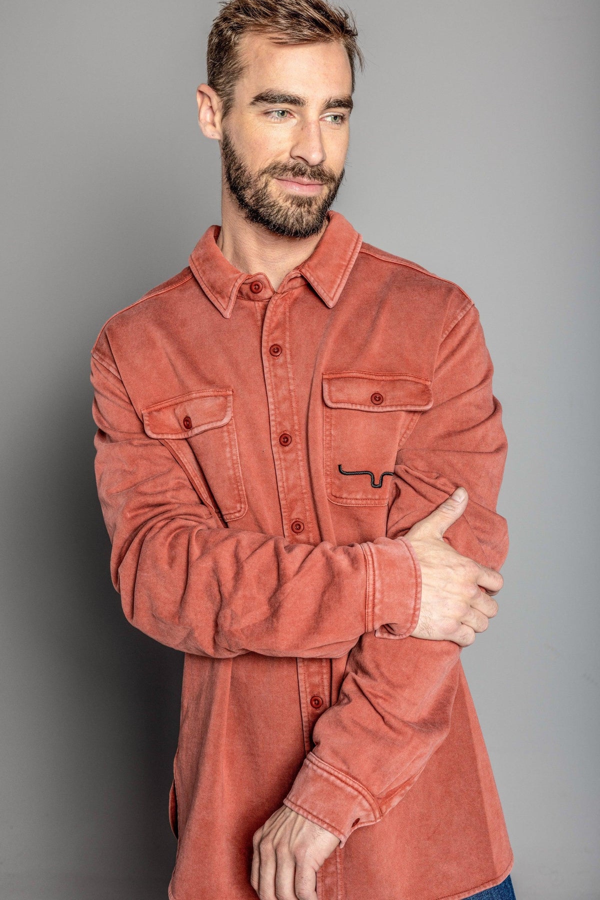 Kimes Ranch Ft Work Shirt Jacket in Dark Red with chest pockets and the Kimes Ranch logo