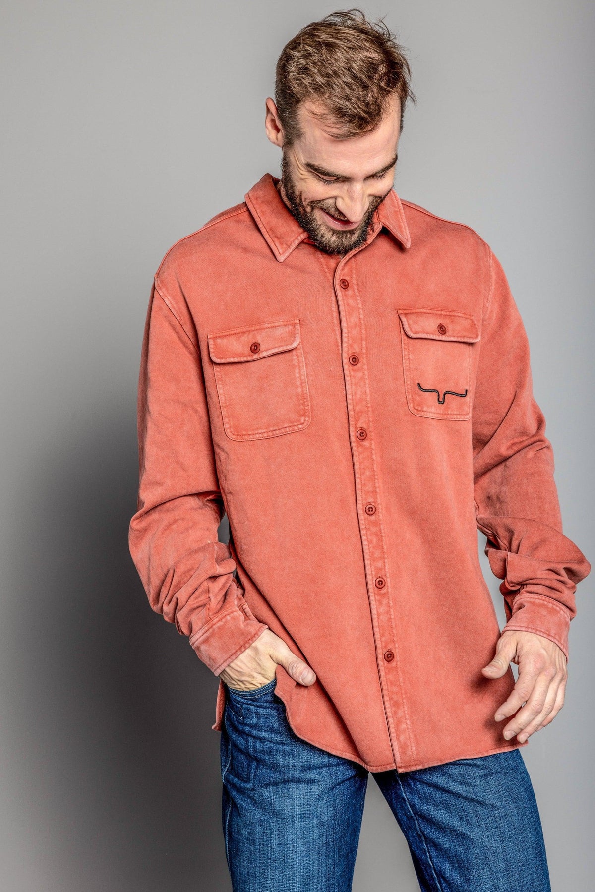 Kimes Ranch Ft Work Shirt Jacket in Dark Red with long sleeves and two chest pockets with the Kimes Ranch logo