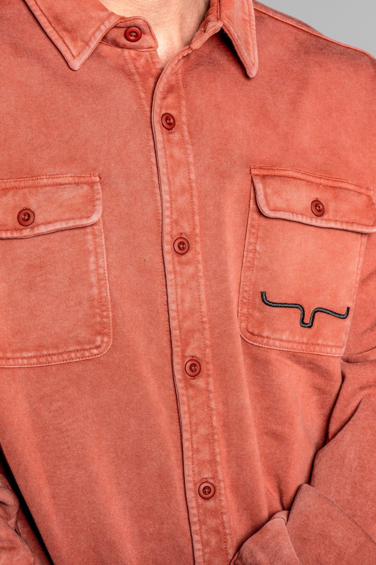 Kimes Ranch Ft Work Shirt Jacket in Dark Red, close-up, with chest pockets and embroidered logo