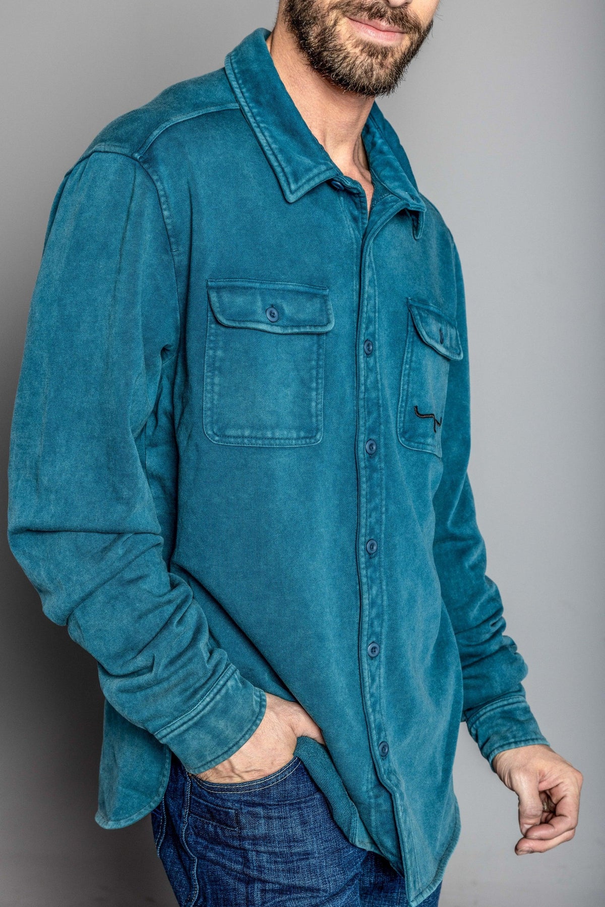 Kimes Ranch Ft Work Shirt Jacket in Navy, side view, with long sleeves and two front button pockets