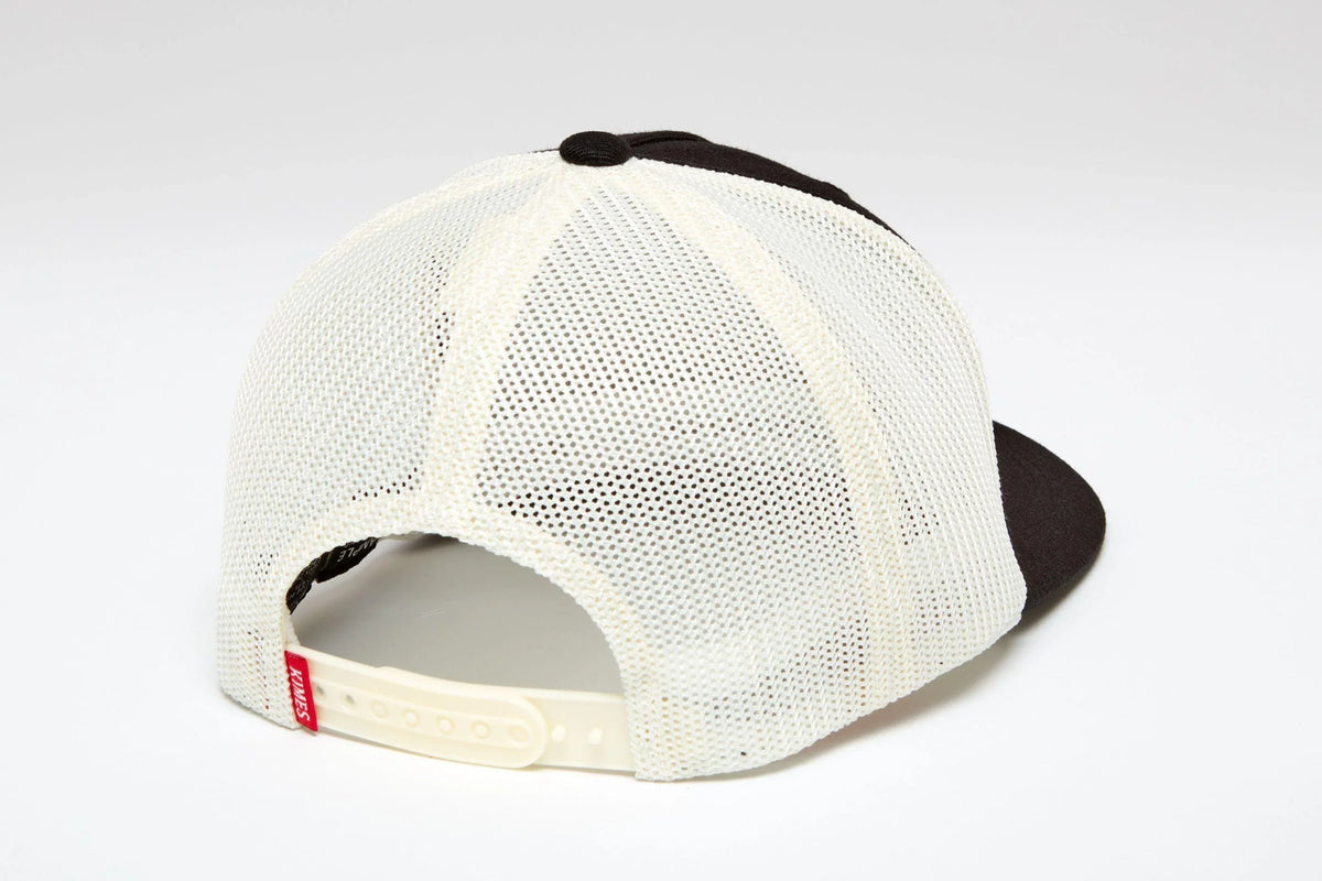 Kimes Ranch G&T 110 Hat, back view, in white mesh with black front panels and a red logo tag on the adjustable strap