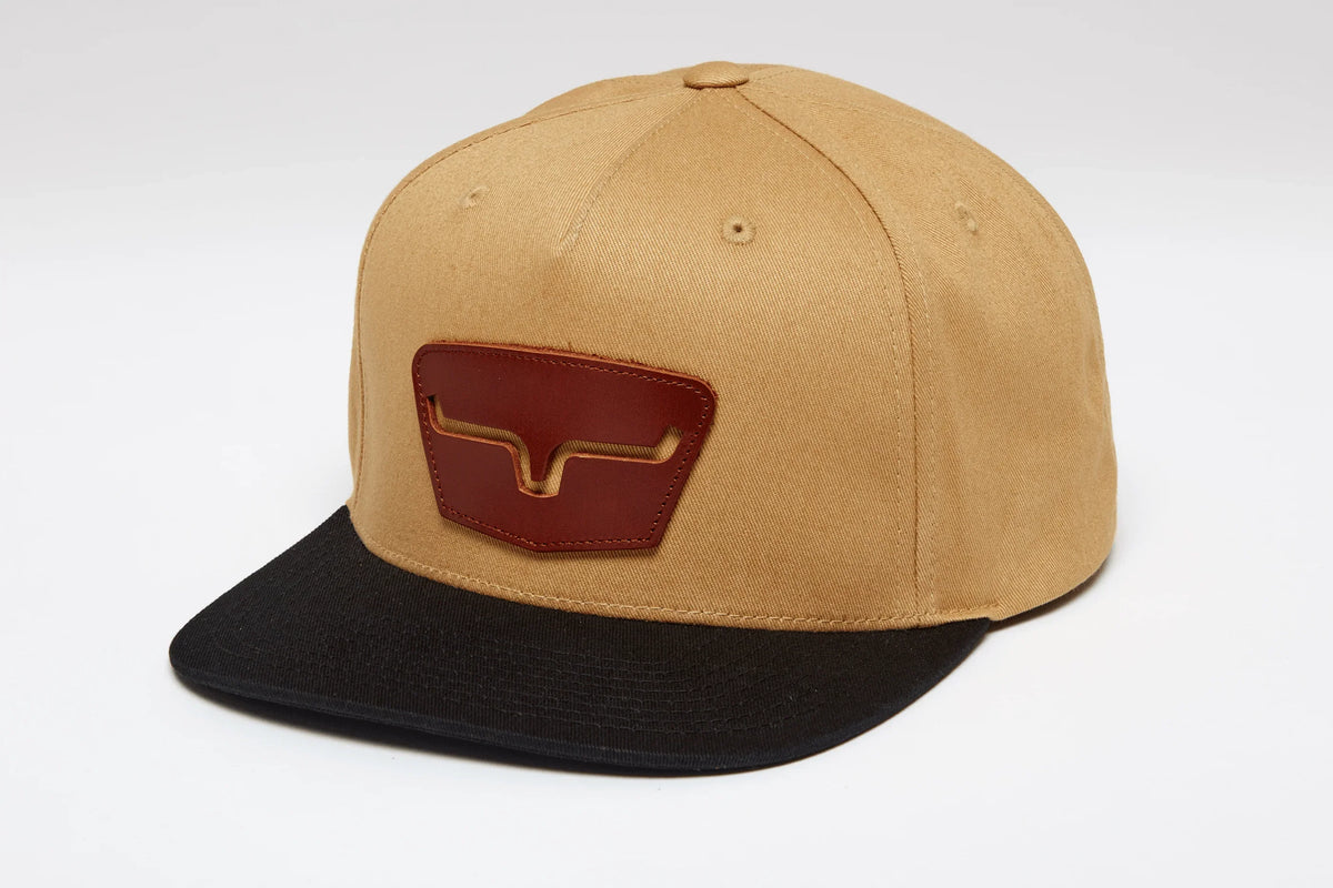 Kimes Ranch Ghost Face Hat in Work Wear Brown, side view, with a black brim and a Kimes Ranch logo patch