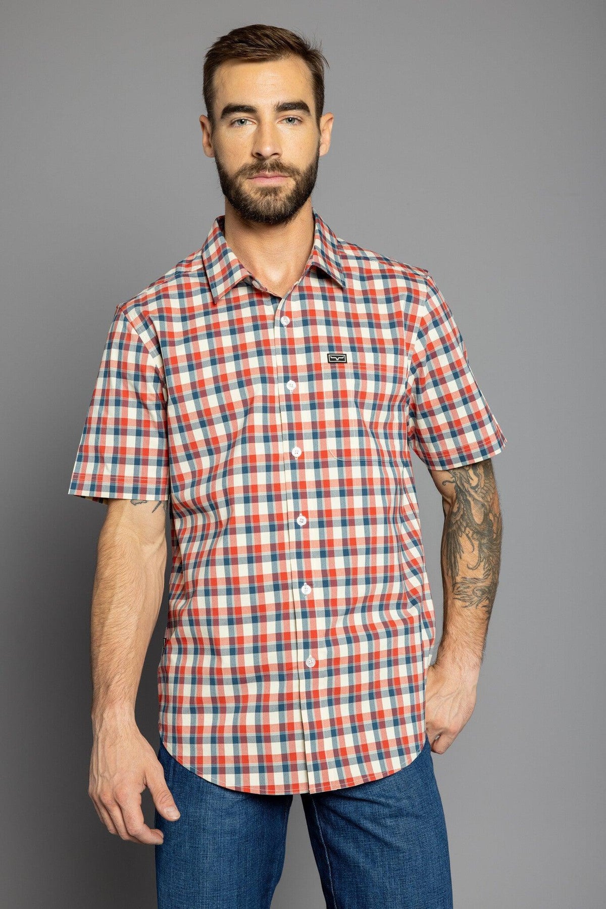 Kimes Ranch Go Round Plaid Dress Shirt in Navy with a red and white check pattern and a chest pocket