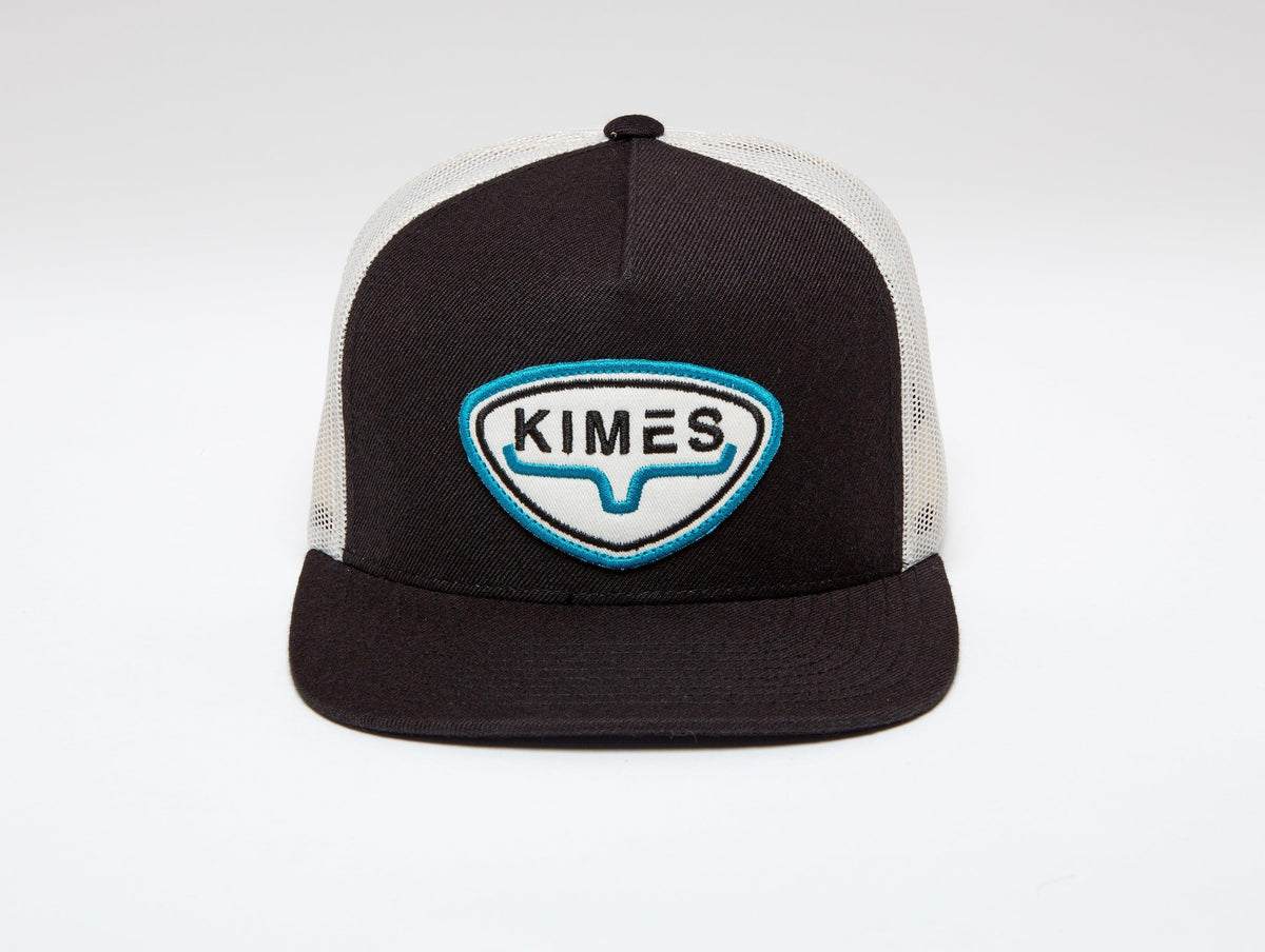 Kimes Ranch Conway Trucker Hat in black with white mesh back and embroidered Kimes Ranch logo with blue trim