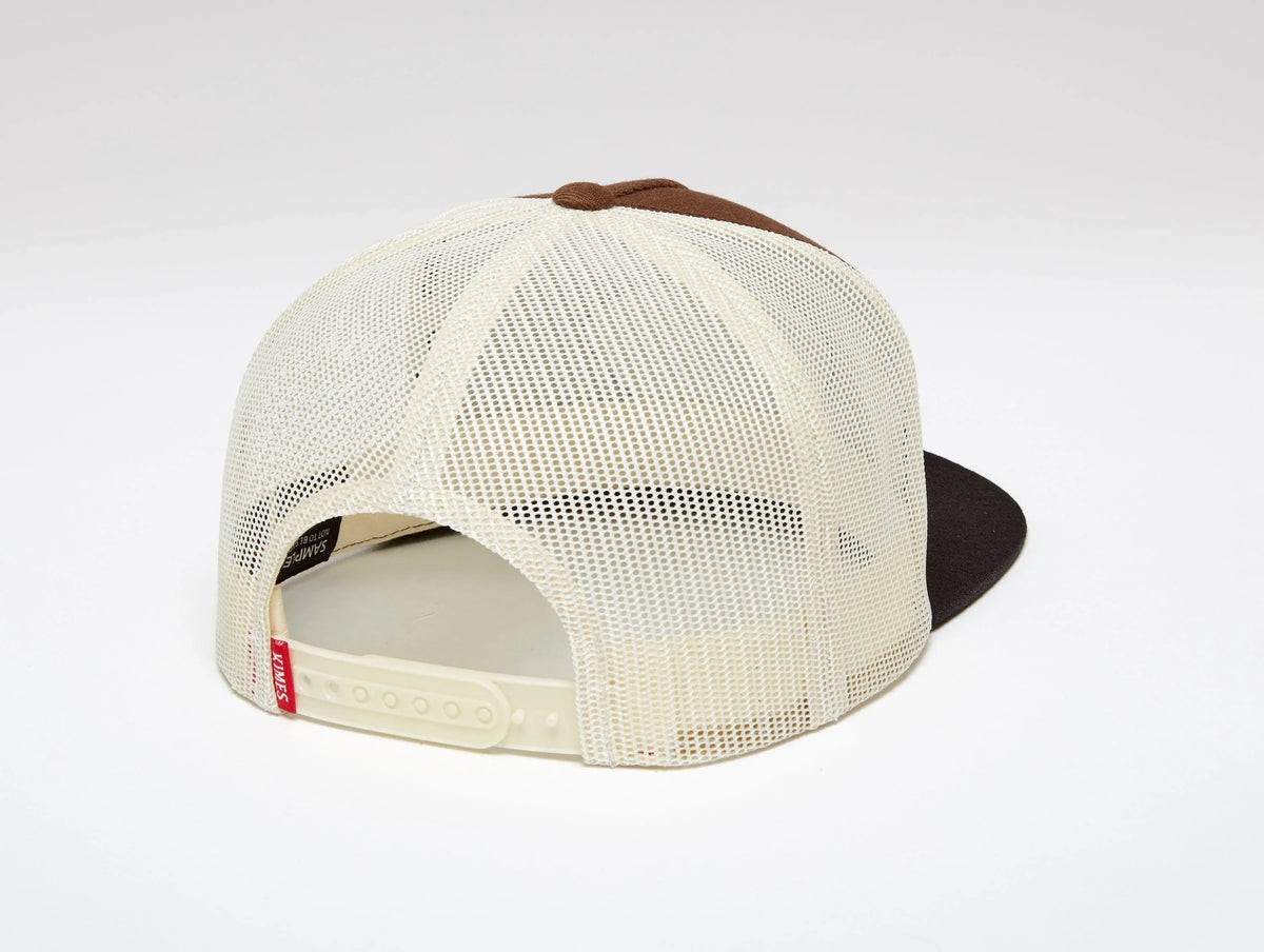 Kimes Ranch Conway Trucker Hat, back view, in cream mesh with brown front panels and a black brim