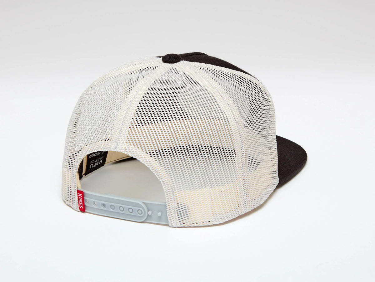 Kimes Ranch Conway Trucker Hat, back view, with white mesh back and black front panels