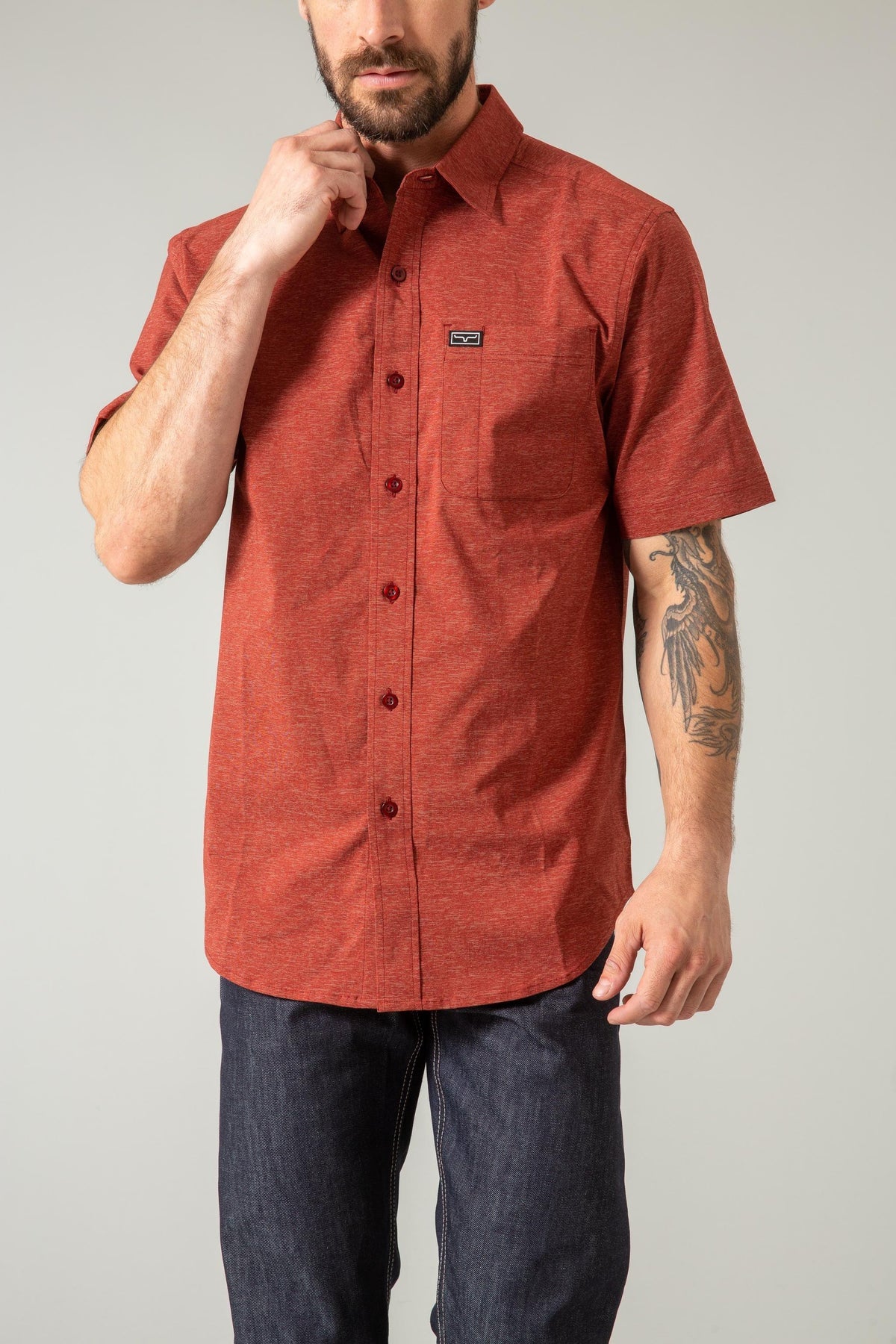 Kimes Ranch Linville Short Sleeve Dress Shirt in Dark Red with a chest pocket and logo patch