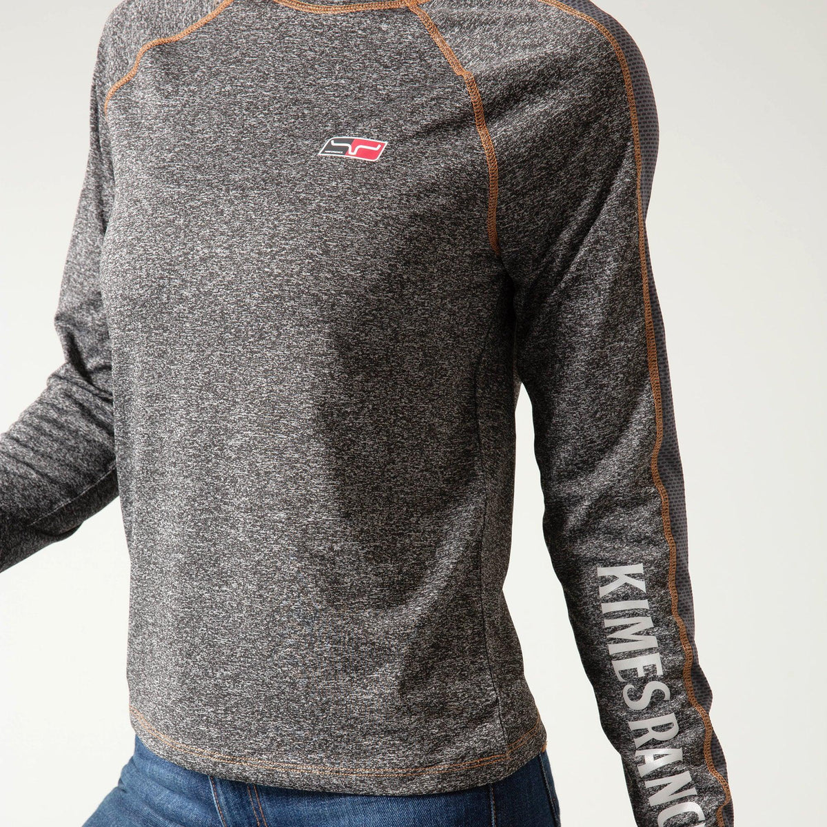 Kimes Ranch K1 Ls Tech Tee Shirt in Grey Heather with a chest logo and Kimes Ranch text on the sleeve
