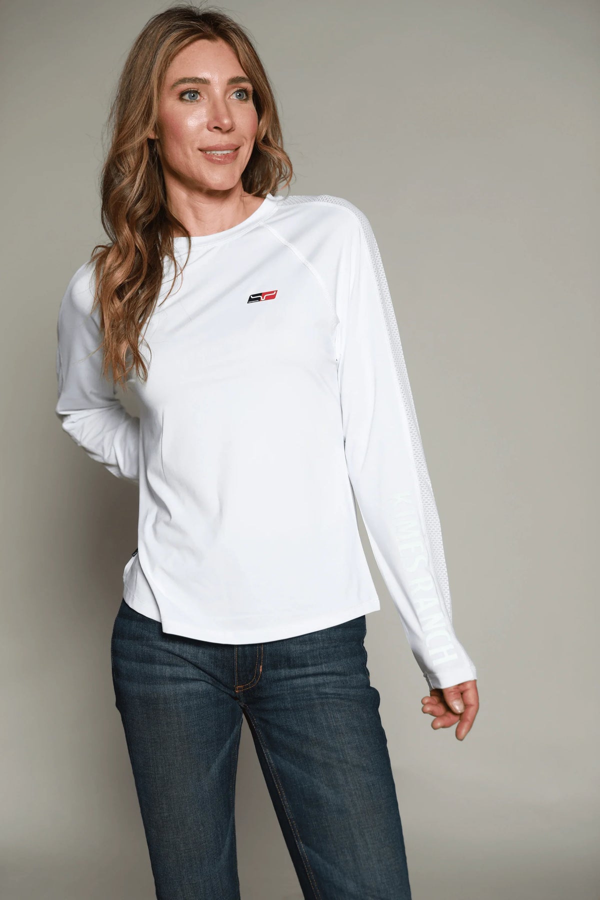 Kimes Ranch K1 Ls Tech Tee Shirt in White with a Kimes Ranch logo and mesh side panels