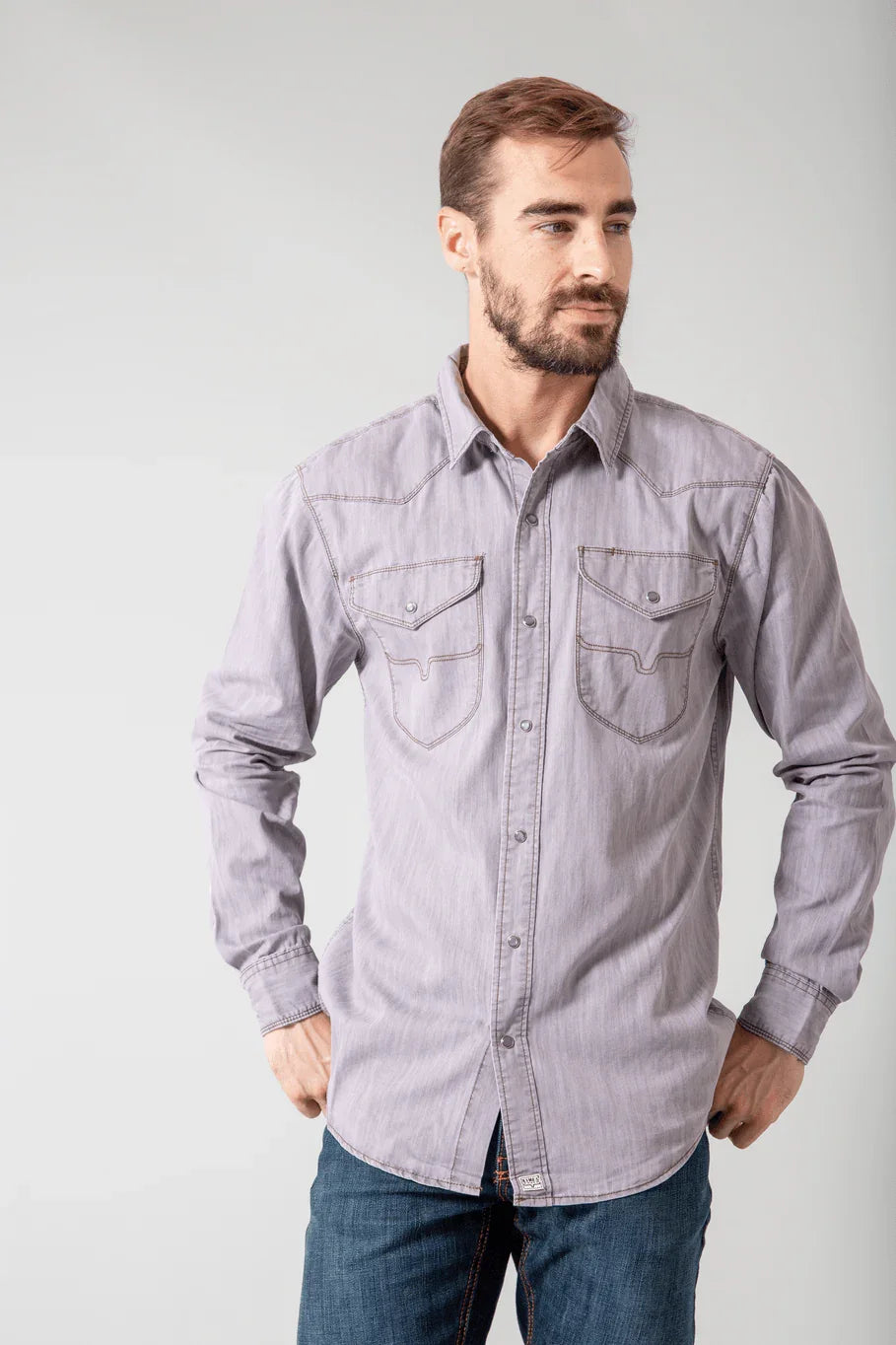 Kimes Ranch Grimes Dress Shirt in Grey with western yoke and two chest pockets with snap closures