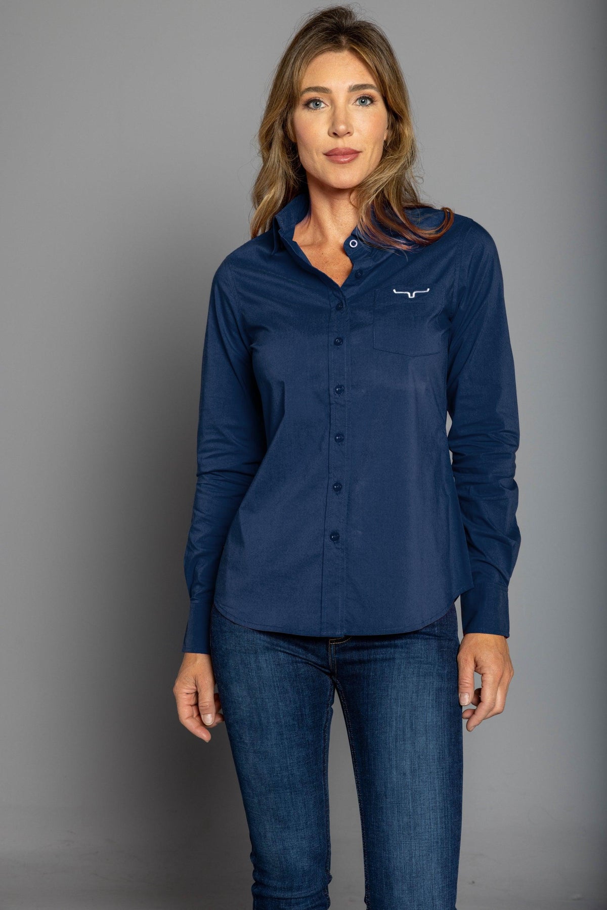 Kimes Ranch Ladies KR Team Shirt (Long) in Navy with long sleeves and a chest pocket with the Kimes Ranch logo