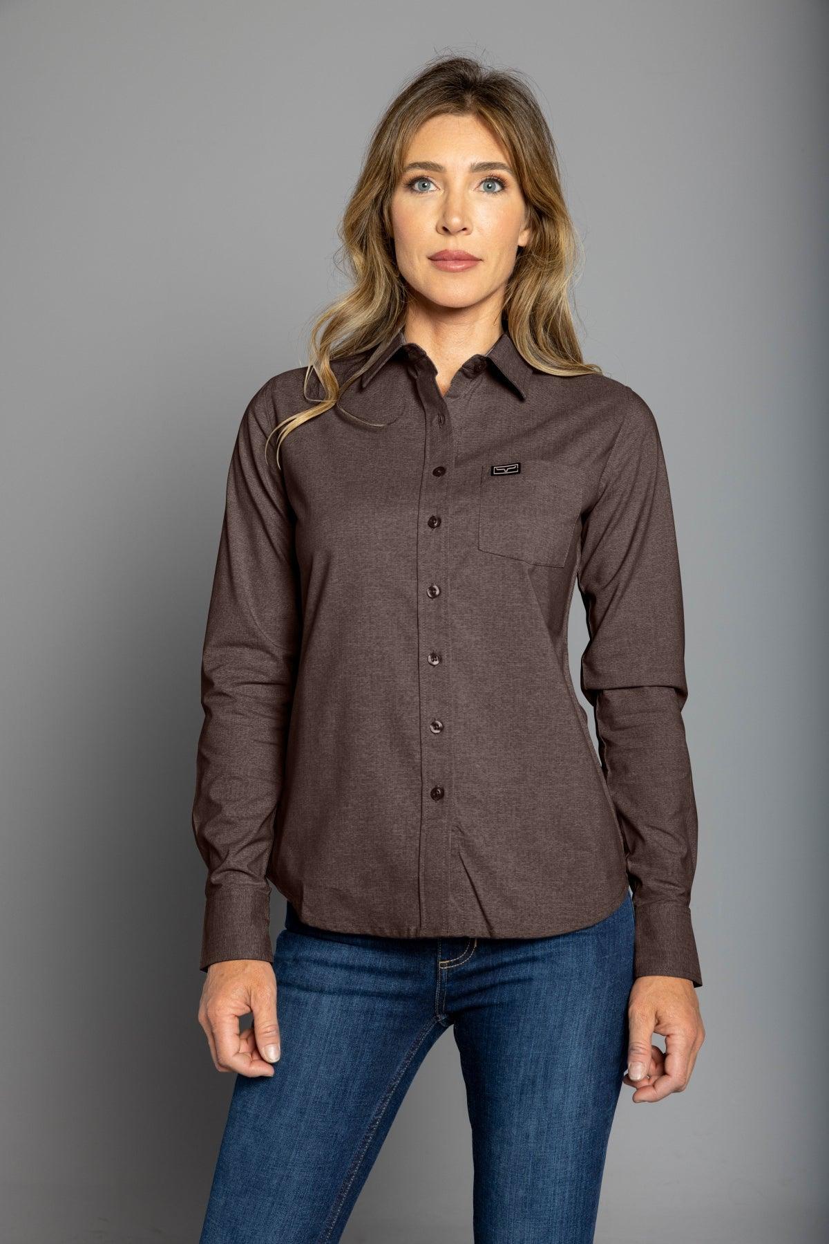 Kimes Ranch Ladies Linville long sleeve button-up top in Tobacco with a chest pocket and logo