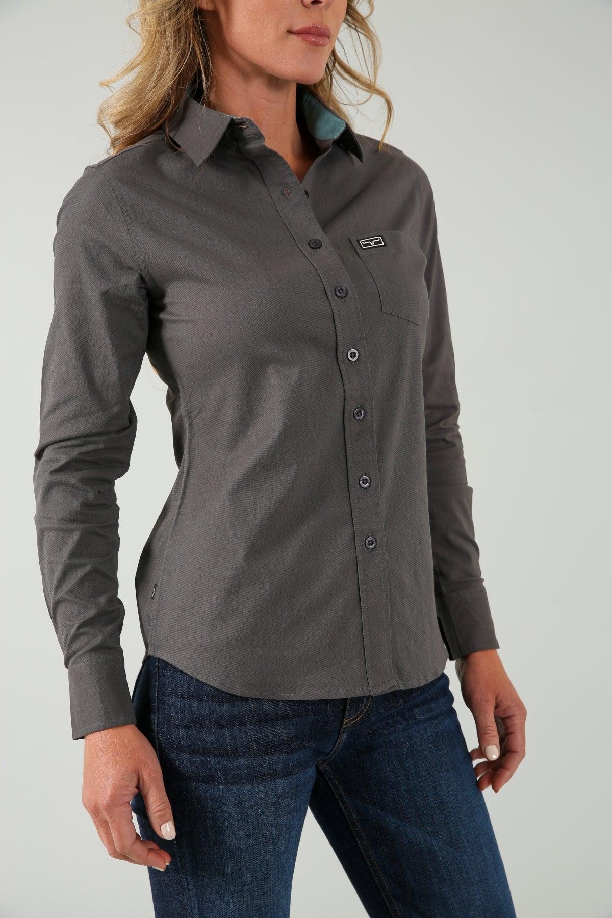 Kimes Ranch Ladies Linville top in Pewter, side view, with a button front and chest pocket