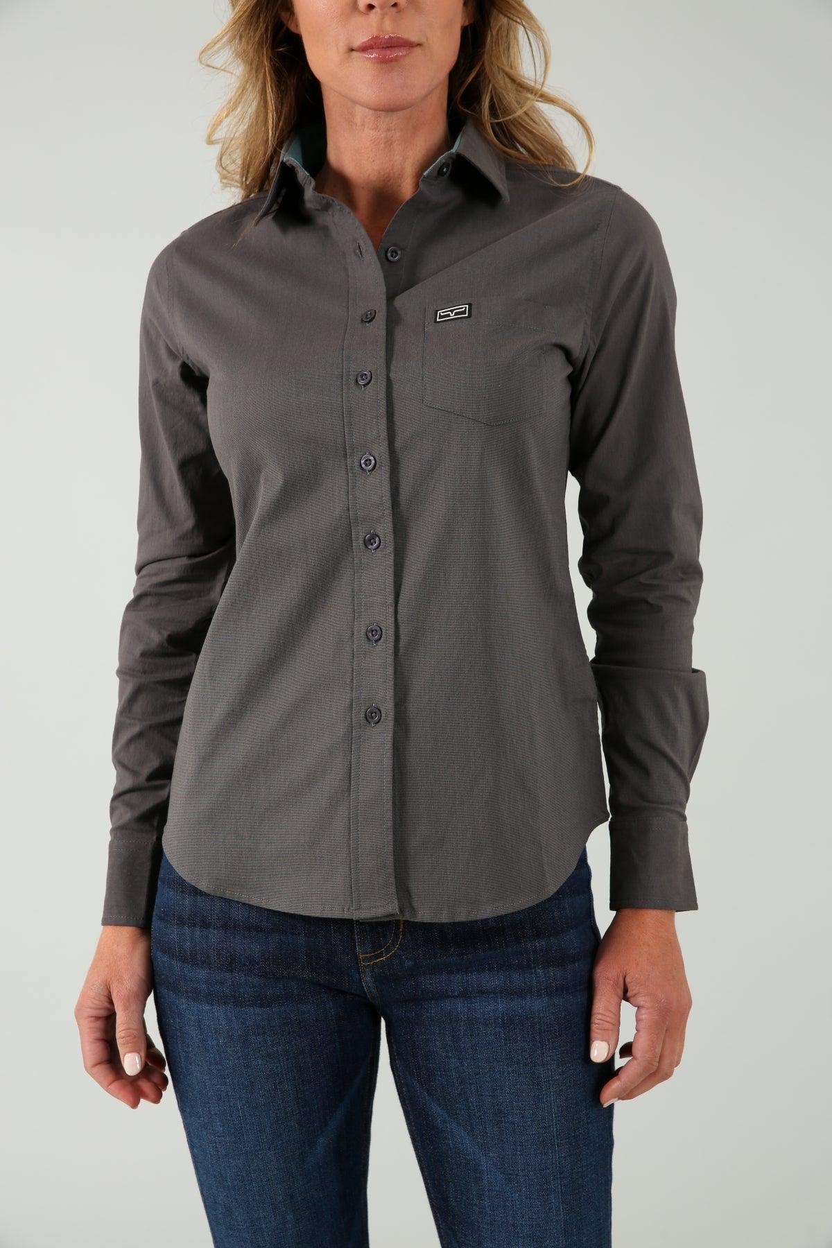 Kimes Ranch Ladies Linville top in Pewter with a button front and chest pocket