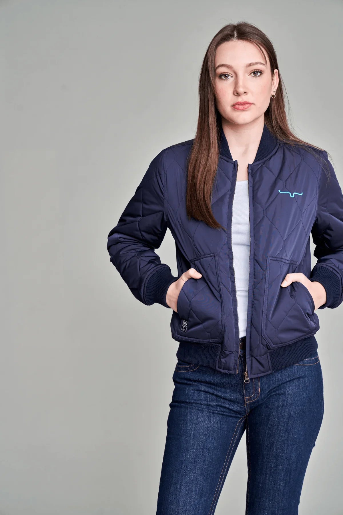 Kimes Ranch Marino Bomber Jacket in Navy with diamond quilting and a front zip closure